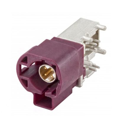 Conector macho FAKRA con soldadura de pin central y crimpado de casquillo de cobre; conector en ángulo recto 99S20D-40MA5-BX (para PCB); rojo.